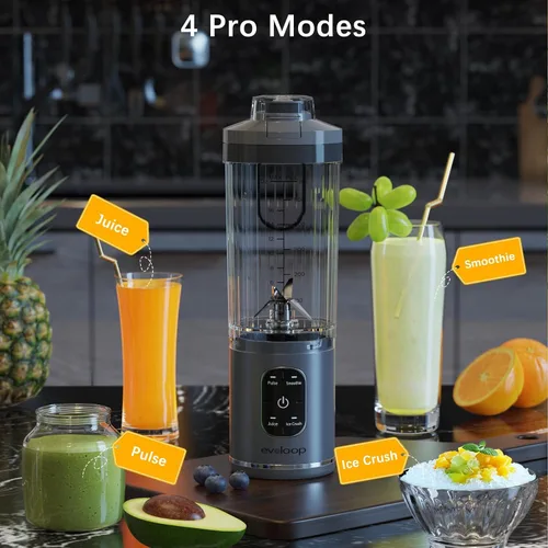 Miniatura 8 de Licuadora personal, licuadora portátil para batidos y licuados, tritura hielo, jugo, pulso, 4 programas, sin cable, recargable por USB-C, recipiente