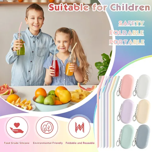 Miniatura 6 de Meanplan Juego de 6 popotes de silicona reutilizables plegables y portátiles para viajes de fiesta, frío o caliente, con funda de transporte