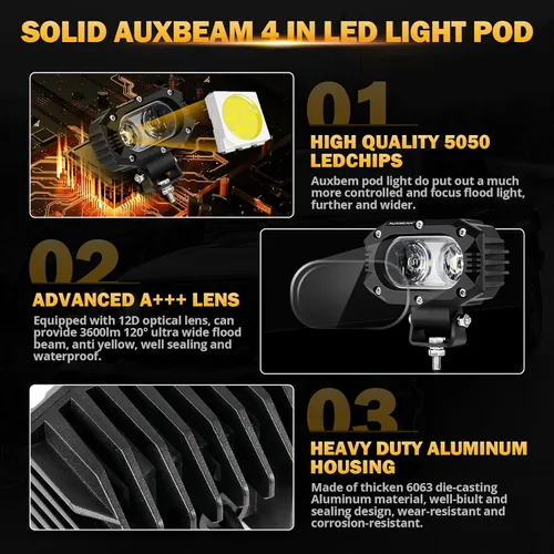 Miniatura 2 de Auxbeam Cápsulas LED de cubo de 4 pulgadas, luces superbrillantes de 60 W, luces auxiliares de inundación, luz de conducción de motocicleta