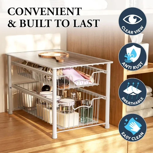Miniatura 5 de Simple Houseware Cajón organizador apilable de cesta deslizante, blanco, 2 niveles
