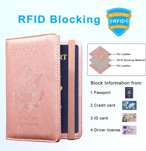 Miniatura 2 de ACdream - Funda para pasaporte, billetera o cartera de viaje de piel con bloqueo RFID para pasaporte con cierre de banda elástica, Ab-oro rosa)