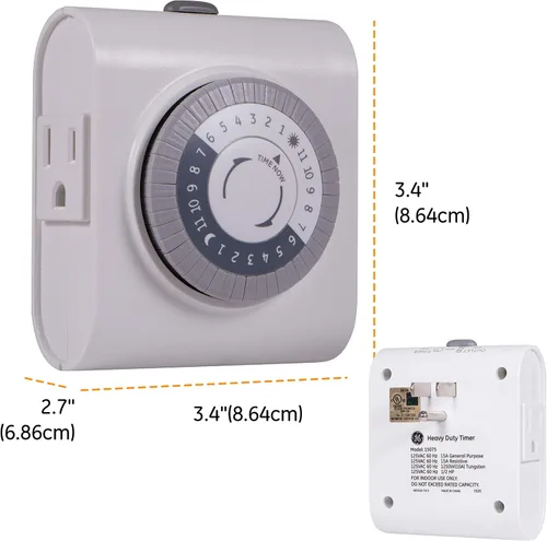 Miniatura 4 de GE Temporizador de salida a tierra mecánico, enchufes dobles con 3 puntas, ciclo de 24 horas, uso en interiores para luces, lámparas, ventiladores