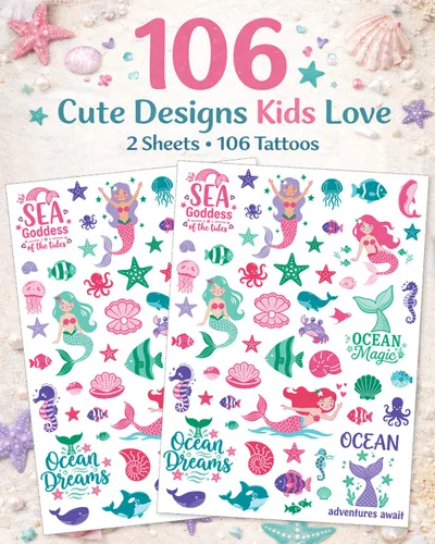Miniatura 2 de Tatuajes temporales de sirena para niños, 106 bonitos diseños de océano y sirena, impermeables, no tóxicos y agradables al tacto, fáciles