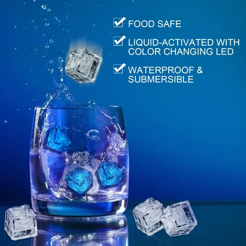 Miniatura 4 de Cubos de hielo iluminados para bebidas, 48 cubos de hielo LED azules activados por líquidos, que brillan en la oscuridad, cubos de hielo