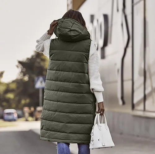 Miniatura 4 de OSFVNOXV Chaqueta larga acolchada para mujer, abrigo de invierno con cremallera completa, sin mangas, con capucha, cálidos, cortavientos gruesos