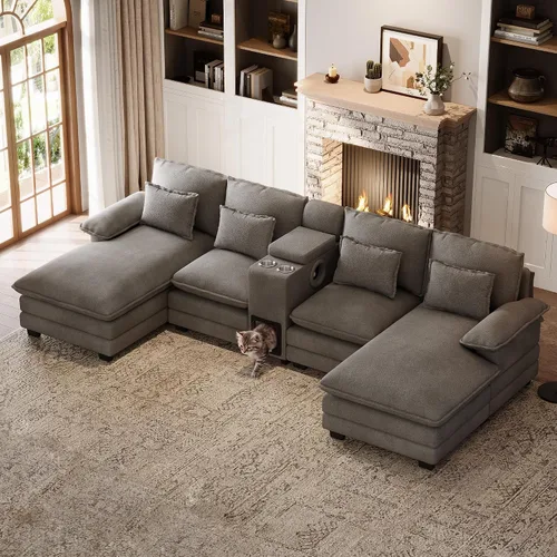Miniatura 17 de Sofá nube en forma de U de 130 pulgadas con casa para gatos, sofá modular de gran tamaño para sala de estar, cómodo sofá grande de chenilla, juego
