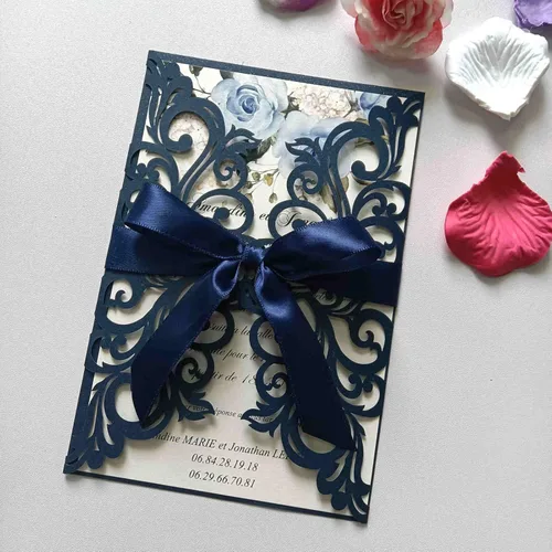 Miniatura 18 de 25 piezas de tarjetas de invitaciones de boda cortadas con láser con purpurina verde con sobres, hojas interiores en blanco, cintas
