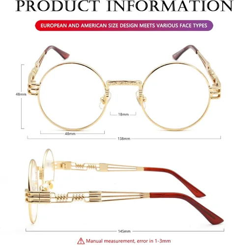 Miniatura 7 de AIEYEZO Gafas de sol redondas steampunk Circle Lennon Hippie, marco de metal, lente de bloqueo UV 100%