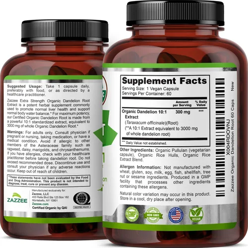 Miniatura 8 de Zazzee USDA Extracto Orgánico de Raíz de Diente de León 10:1, Concentración de 3000 mg, 60 Cápsulas, Suministro para 2 Meses, Extracto Estandarizado