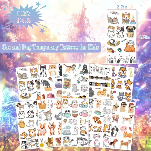Miniatura 2 de UVUXO Tatuaje temporal de gato y perro para niños, 102 estilos de animales de dibujos animados temporales para niñas, niños, cuerpo, brazo, hombro