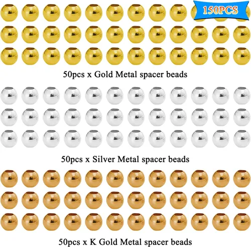 Miniatura 2 de 150 cuentas espaciadoras de metal para fabricación de joyas de 0.394 pulgadas, cuentas redondas chapadas en metal, cuentas pequeñas espaciadoras
