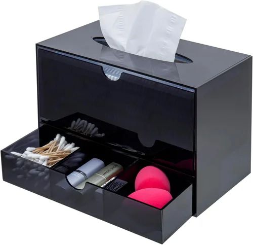 MyGift Organizador de cosméticos de acrílico negro premium y cubierta de caja de pañuelos con cajón de almacenamiento de maquillaje extraíble -