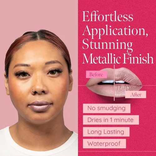 Miniatura 3 de Aromi Lápiz labial líquido metálico A prueba de manchas y de larga duración, marrón claro, color de labios tostado con acabado brillante, vegano