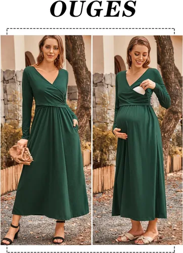 Miniatura 3 de OUGES Vestido largo de manga larga con cuello en V para mujer, con bolsillos, ropa de maternidad, vestidos de lactancia