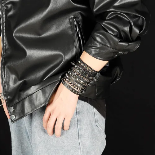 Miniatura 5 de Eigso Pulseras de cuero punk rock para hombres y mujeres, estilo retro, vintage, cadena de los años 80, para hombre y mujer