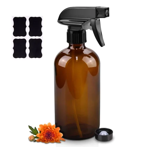 Worldgsb Botellas de vidrio en aerosol, botellas de vidrio ámbar de 16 onzas con etiquetas y boquilla ajustable, recipientes reutilizables para