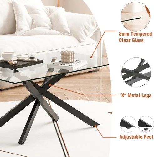 Miniatura 5 de Mesa de centro de cristal para sala de estar, moderna rectangular con parte superior de vidrio templado transparente y patas de metal, mesas de Negro