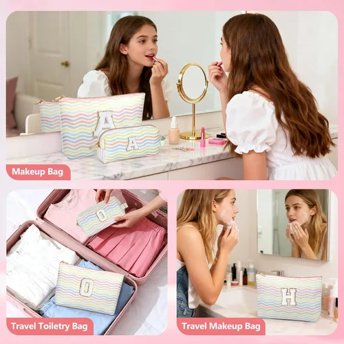 Miniatura 5 de Bolsa de viaje de maquillaje con monograma de 2 piezas para regalos de niñas adolescentes, bolsa de cosméticos para niñas, bolsa de aseo de viaje