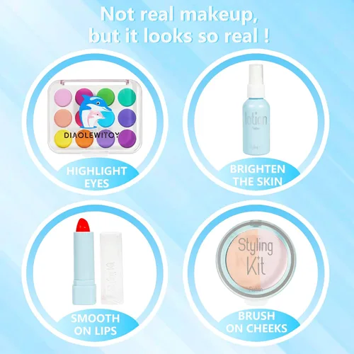 Miniatura 3 de Kit de maquillaje de simulación para niñas, 15 piezas, azul Juguetes cosméticos falsos, para edades de 3, 4, 5, 6, 3-6 años, regalos de cumpleaños
