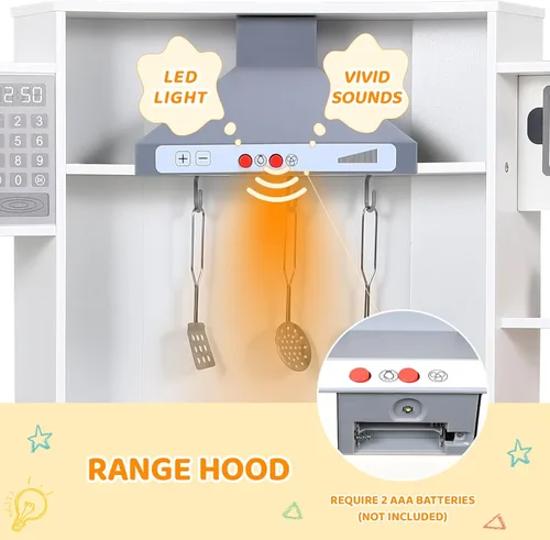 Miniatura 3 de MAMIZO Cocina de juego de esquina para niños, cocina de juguete de simulación de madera, juego de cocina grande con lavadora, campana extractora
