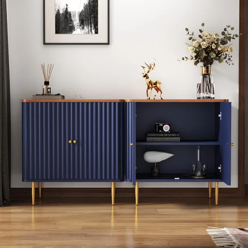 Miniatura 7 de HLR Aparador buffet con textura estriada, armario de acento azul con 2 puertas, almacenamiento moderno de credenza para cocina, sala de estar