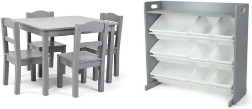 Humble Crew Juego de mesa y 4 sillas de madera para niños, organizador de juguetes gris e Inspire con estante y 9 cubos de almacenamiento,