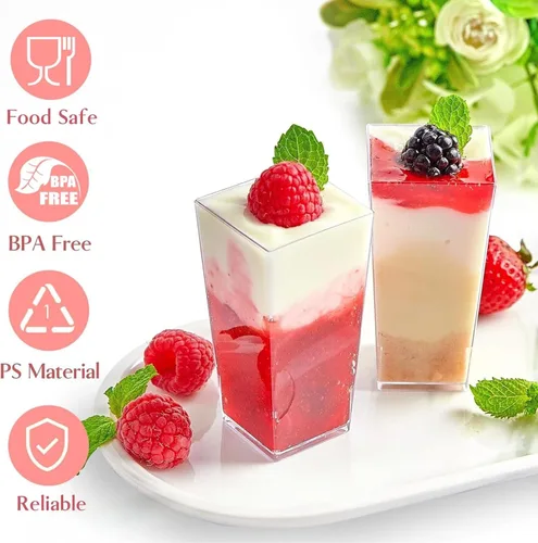 Miniatura 4 de TOFLEN Paquete de 100 mini tazas cuadradas de postre de 3 onzas con cucharas de plástico transparente para fiestas, yogur, parfait, pastel de queso