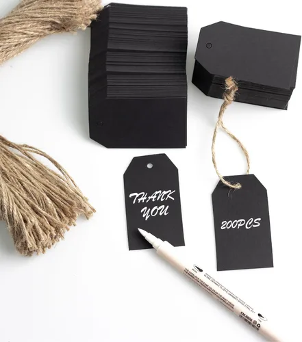 Miniatura 4 de 200 etiquetas de regalo de papel con 200 cuerdas de algodón negro, etiquetas colgantes en blanco para regalo de boda, vacaciones (negro)