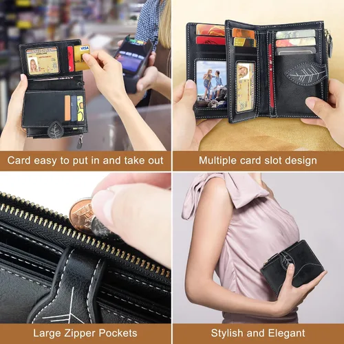 Miniatura 8 de CONISY Cartera pequeña para mujer, billetera compacta de cuero plegable con pulsera RFID bloqueo para mujer (negro)