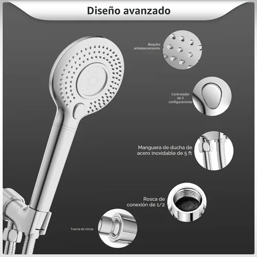 Miniatura 6 de FEELSO - Cabezal de ducha filtrado con mango, cabezal de ducha de alta presión con 3 modos de rociado y manguera de 1.52 m, soporte y filtros Cromo