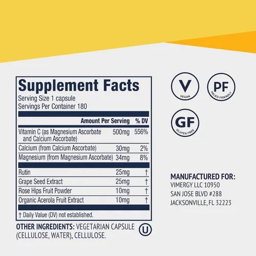 Miniatura 4 de Vimergy Micro-C® Cápsulas de Vitamina C – 500mg por cápsula, Apoya la salud inmunológica*, Promueve la producción de colágeno, Apoya huesos