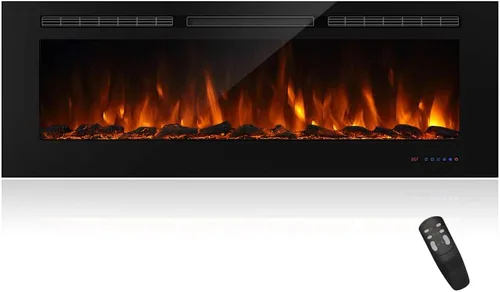 Inserto de chimenea eléctrica empotrable de 60 pulgadas, 5 ajustes de llama, juego de troncos u opciones de cristal, control de temperatura por