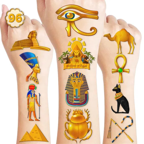 Miniatura 9 de 96 piezas de tatuajes temporales precortados del antiguo Egipto que brillan en la oscuridad, decoración de fiesta de cumpleaños, suministros