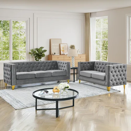 Miniatura 11 de JEEOHEY Juego de Sofás Chesterfield de 2, Sofá Moderno de Terciopelo con Capitoné y Ribete de Tachuelas, Sofá Tapizado de Asiento Profundo, Sofá