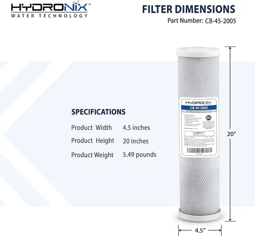 Miniatura 5 de Hydronix CB-45-2005 NSF Filtro de bloque de carbono de 4.5 pulgadas de diámetro externo x 20 pulgadas de largo, de 5 micrones.