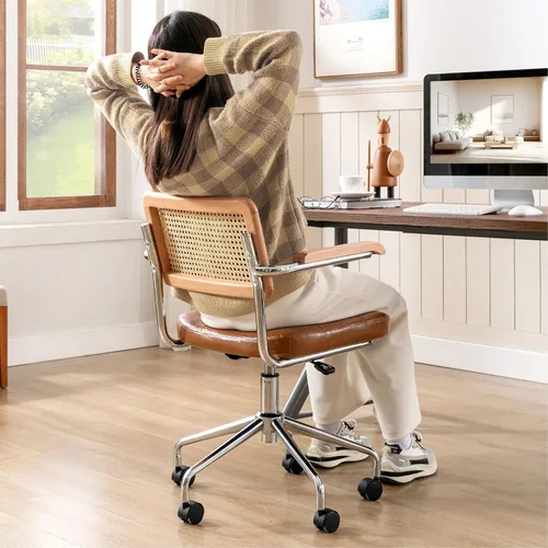 Miniatura 7 de Zesthouse Silla de escritorio de oficina de cuero con ruedas, silla de escritorio con ruedas de mediados de siglo con brazo de madera y respaldo