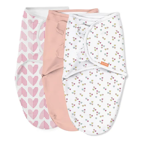 SwaddleMe Manta original – Tamaño pequeño/mediano, 0-3 meses, paquete de 3 (corazones de bebé), fácil de usar, mantiene al bebé cómodo y seguro y