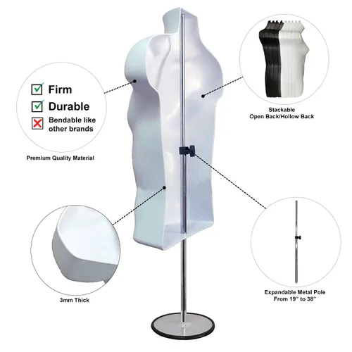 Miniatura 2 de Maniquí masculino de torso con soporte de metal, parte trasera hueca, cuerpo apilable, forma de vestido para exhibición de camisetas, mostrador