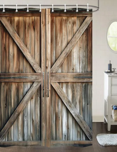 Miniatura 20 de Cortina de ducha de puerta de granero de madera rústica, 60 x 70 pulgadas, beige