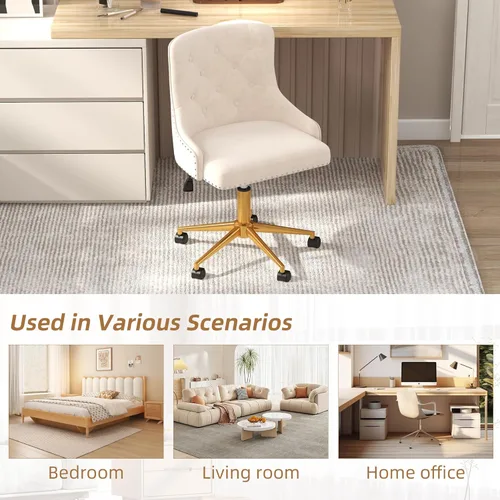 Miniatura 9 de Westice Sillas de escritorio de terciopelo, silla giratoria tapizada de maquillaje cómoda con respaldo copetudo, base de metal dorado y ruedas, Beige