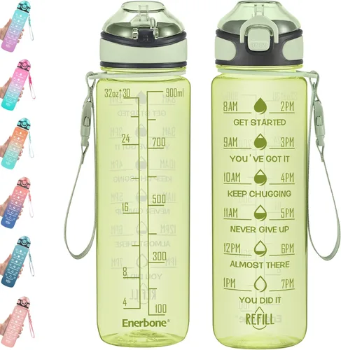 Miniatura 35 de Enerbone Botella de agua potable de 32 oz con tiempos para beber y popote, motivacional con correa para llevar, a prueba de fugas, sin BPA ni