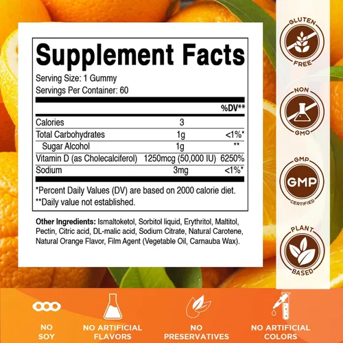 Miniatura 2 de Vitamatic Suplemento semanal de vitamina D3 sin azúcar de 50,000 UI - 60 gomitas a base de pectina Vitamina D de alta potencia para huesos, dientes