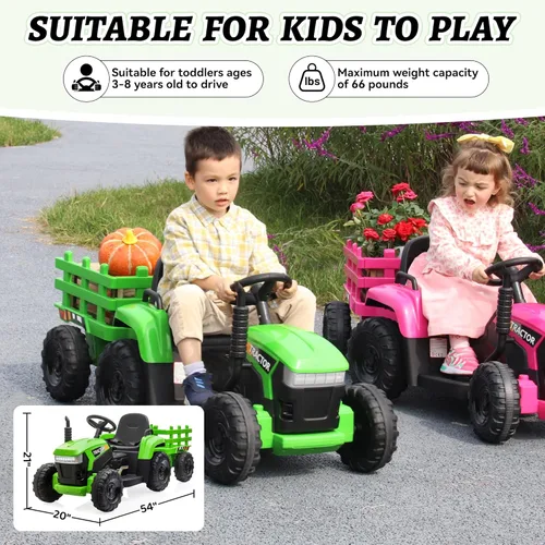 Miniatura 5 de TOBBI - Tractor de juguete a batería de 12 V con remolque color verde, rosado y rojo Rosa Rojo