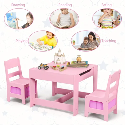 Miniatura 7 de KOTEK Juego de mesa y 2 sillas de madera para niños con pizarra y cajones de almacenamiento, mesa de actividades múltiples para niños para aprender