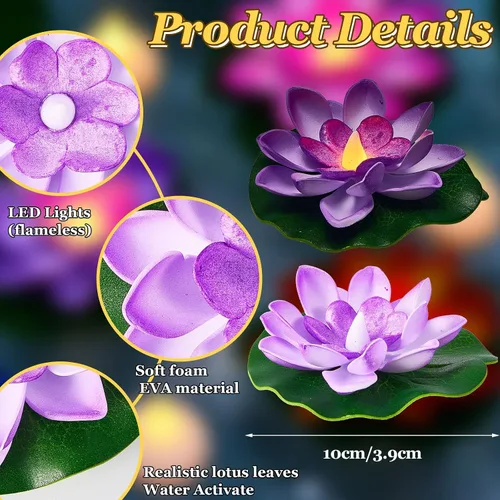 Miniatura 4 de Amylove Juego de 26 piezas de hojas de flor de loto flotantes con luces LED de té, 3.94 pulgadas, lirio de agua, luces LED flotantes impermeables