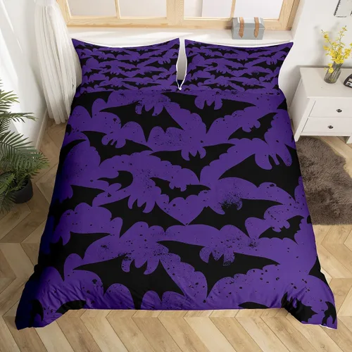Miniatura 11 de Juego de ropa de cama de Halloween, funda de edredón gótica de murciélagos negros con telarañas, funda de edredón individual, diseño de arañas