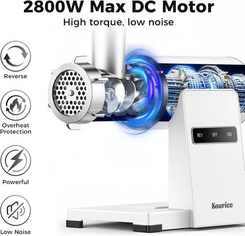 Miniatura 2 de Picadora de carne eléctrica para uso doméstico, potencia máxima de 2800 W, cuerpo de metal resistente con inversión automática, 2 cuchillas y 3