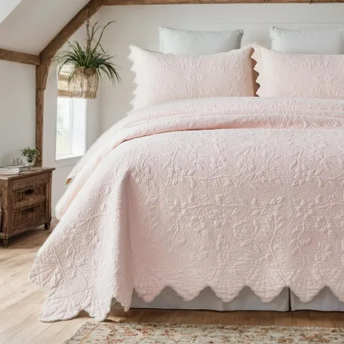 Miniatura 17 de Brandream Queen Size Quilt Set Cotton Beige Quilts Luxury Farmhouse Bedding Set Matelasse Coverlet Scalloped Quilt Set 3-Piece