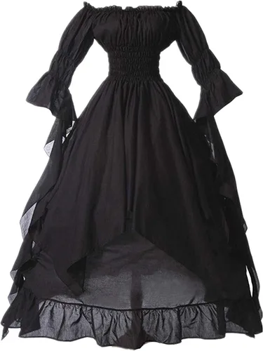 SHOPESSA Vestido victoriano con corte alto y bajo con hombros descubiertos, volante medieval para mujer vestido renacentista