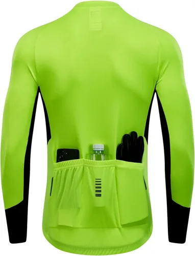 Miniatura 2 de qualidyne Camiseta de ciclismo para hombre, manga larga, cremallera completa, con 3 bolsillos traseros, tops de ciclismo
